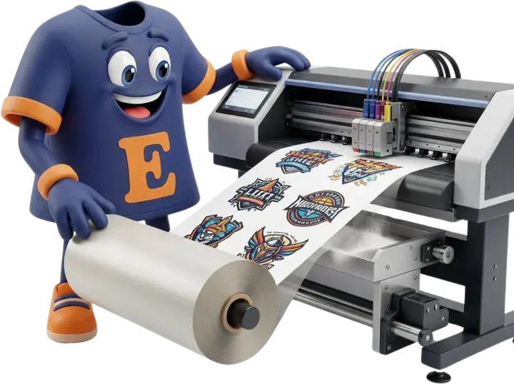 T-Shirt Envy mascot beside a DTF printer and printed transfer roll