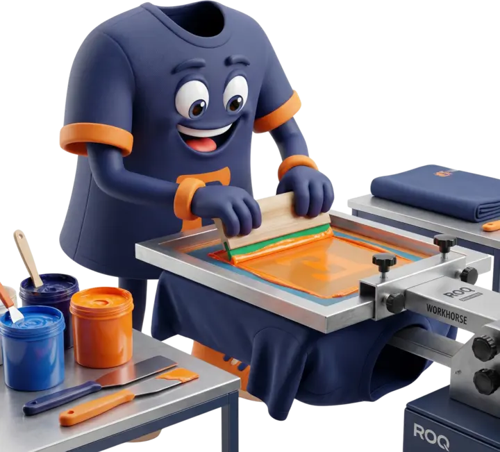 T-Shirt Envy mascot using a screen printing press