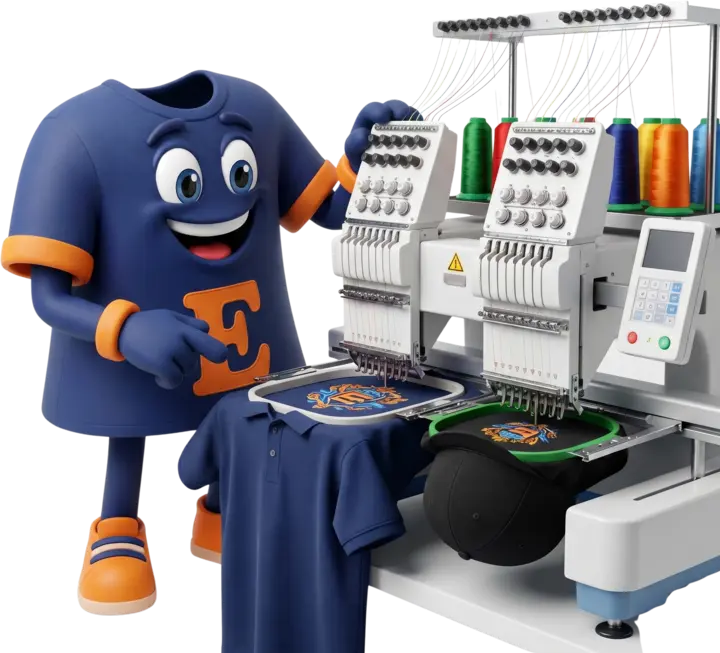 T-Shirt Envy mascot beside an embroidery machine stitching a navy shirt