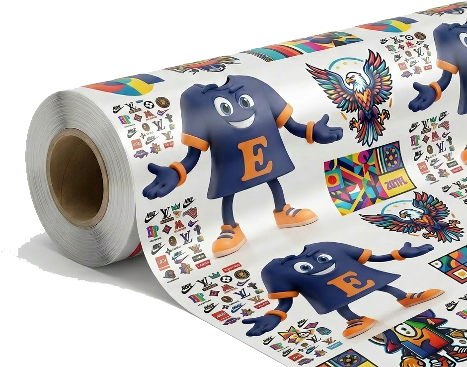 Roll of DTF transfers with colorful designs and T-Shirt Envy mascots